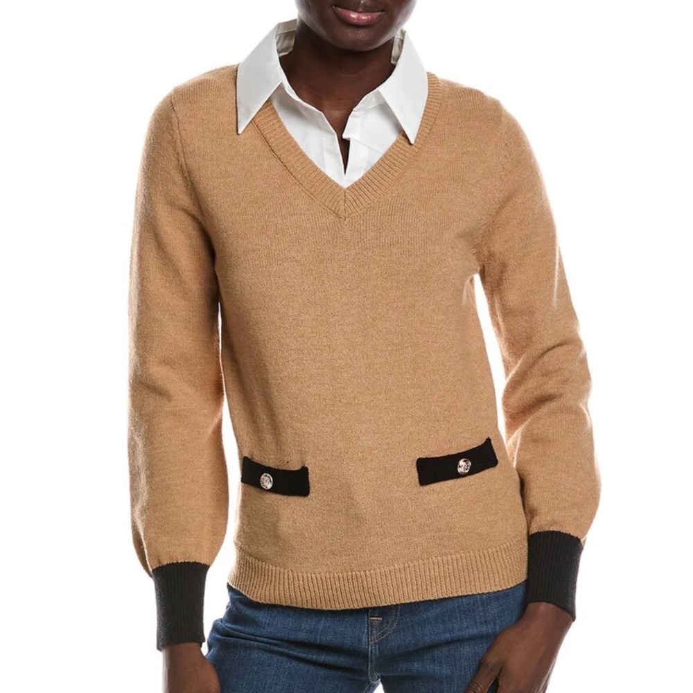 NANETTE LEPORE Fuzzy Brown Sweater TWOFER w/WHITE COLLAR V-Neck Boyfriend SZ S